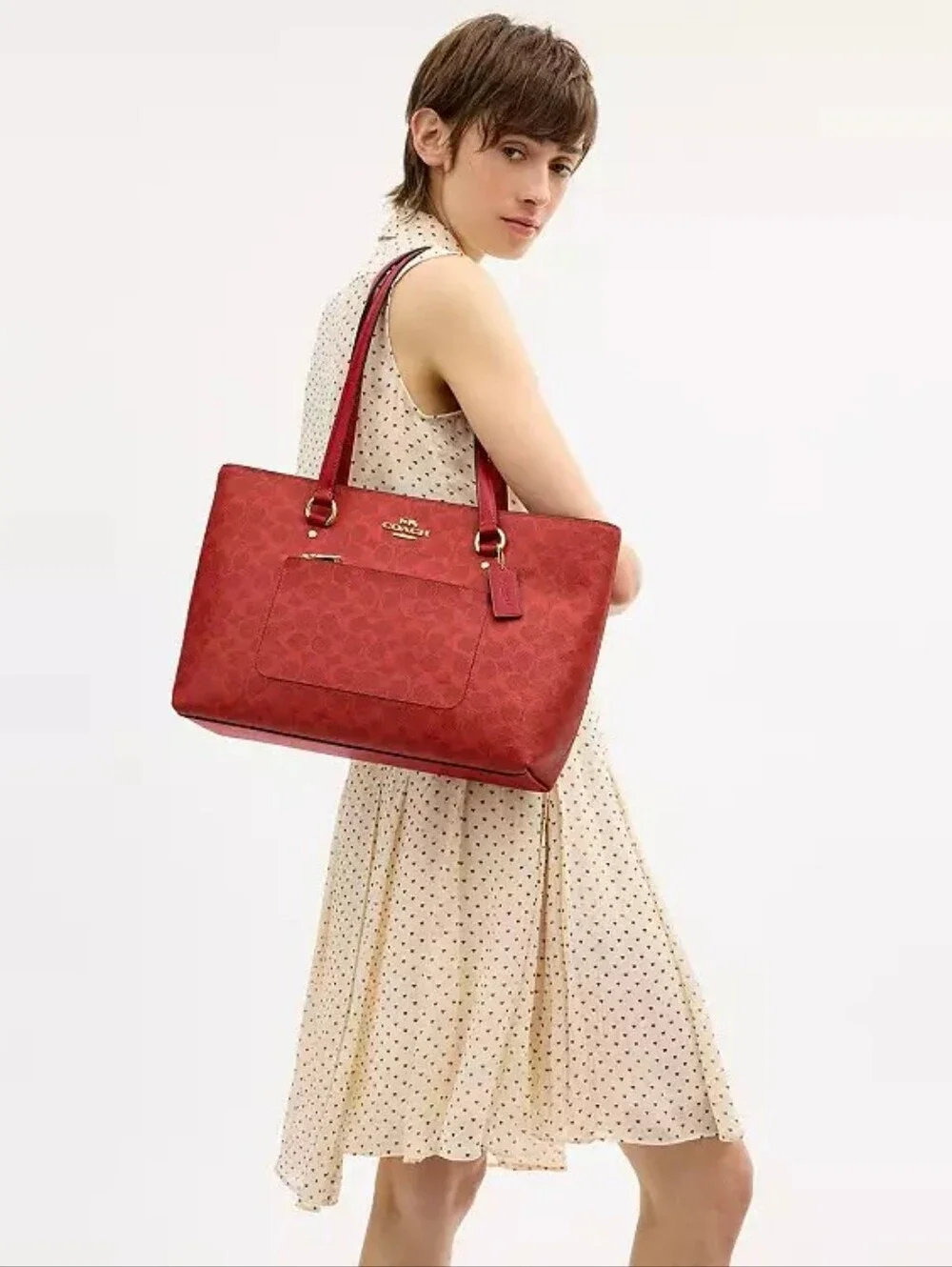 COACH Red Signature Leather Tote Bag